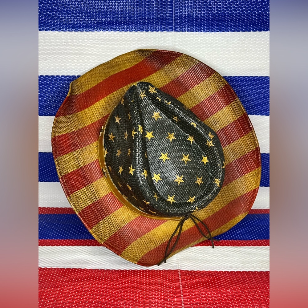 Vintage Saddleback American Flag Straw Cowboy Hat - ONE SIZE - USA - Patriot - Picture 9 of 15